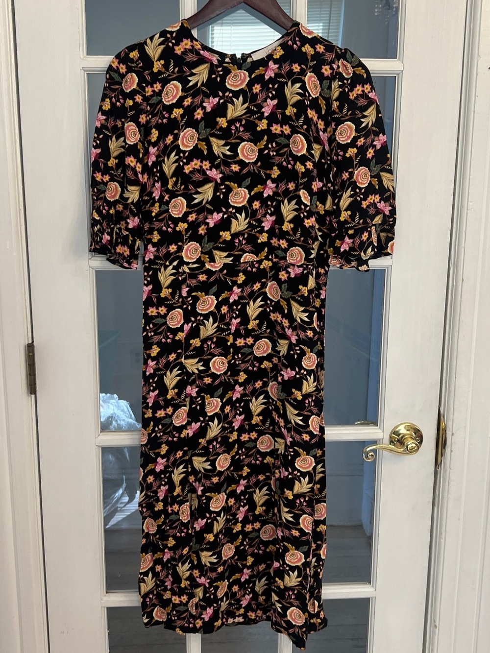 LOFT Women’s Black Floral Print 3/4 Sleeve Midi Length Dress Size 6P